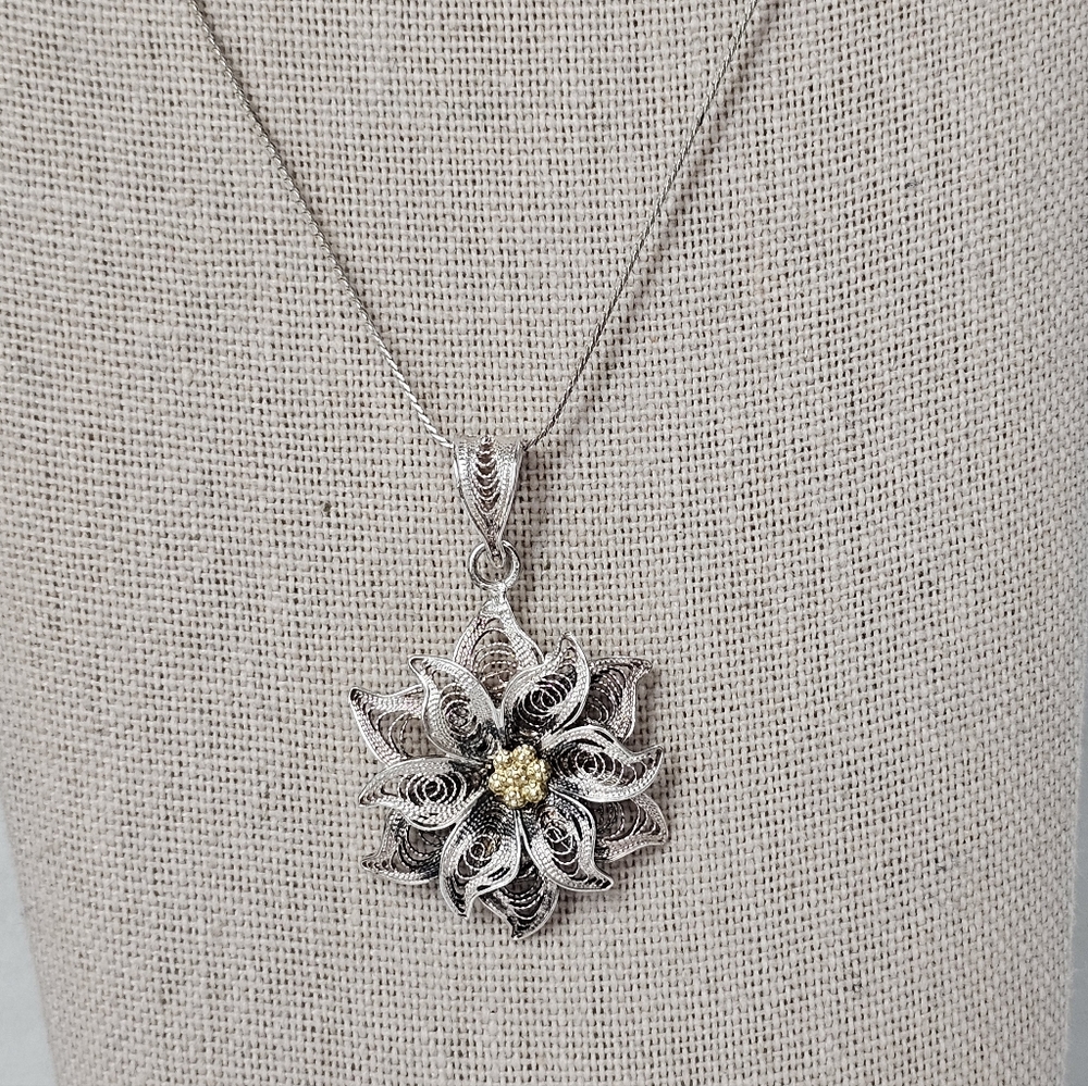 Vintage Silver Floral Filigree Necklace on 925 ITALY Chain